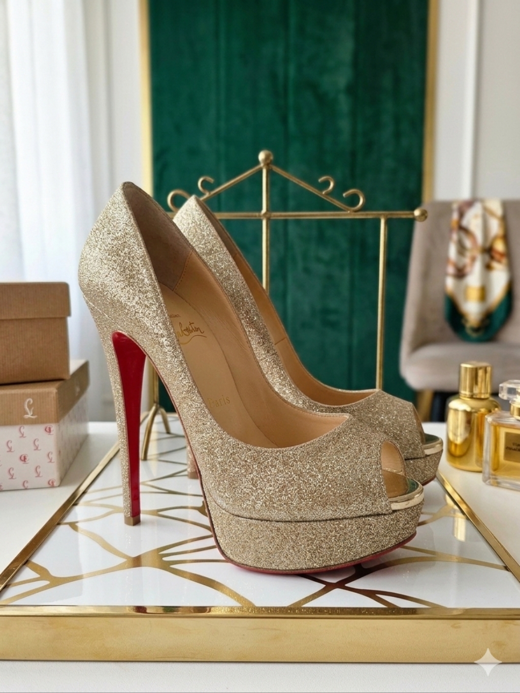 Christian Louboutin Lady Peep 150 Glitter Pumps - Size 37
